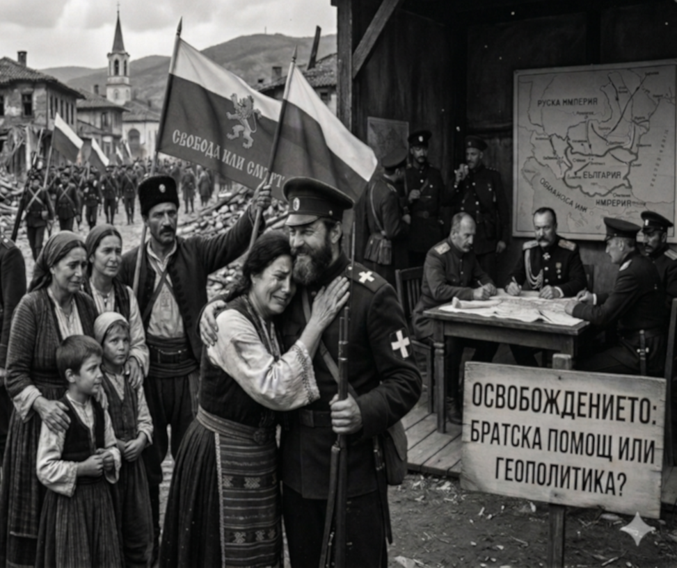 Освобождението на България – плод на братска помощ или преследване на геополитически интереси? Колаж от архивна черно-бяла снимка на военни от Руско-турската война и плакат на заден план с надпис „Свобода или смърт“.