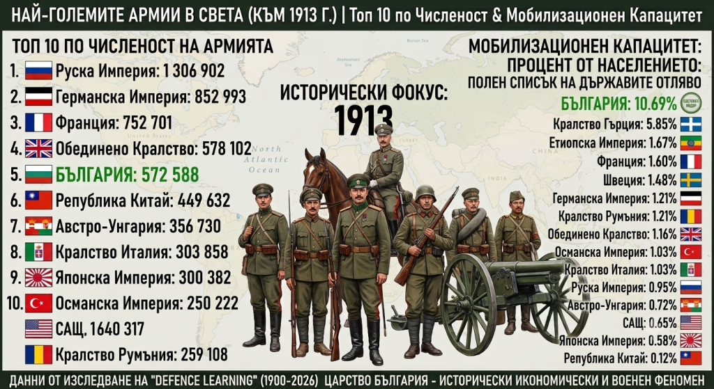 Инфографика със списък на „Най-големите армии в света“ и исторически данни за Българската армия през 1913 г., илюстрирана с архивна снимка на войници на велосипед.