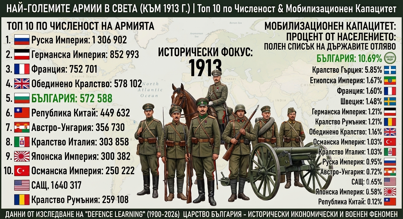 Инфографика със списък на „Най-големите армии в света“ и исторически данни за Българската армия през 1913 г., илюстрирана с архивна снимка на войници на велосипед.