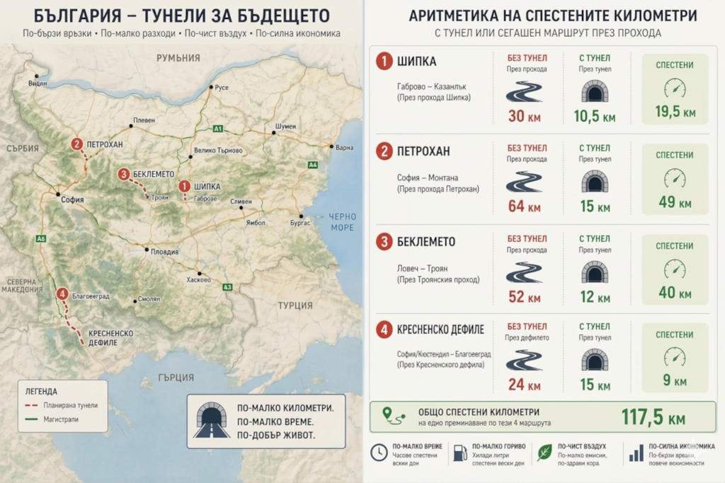 Инфографика, озаглавена „България – тунели за бъдещето“, показваща карта на прохода Шипка и сравнителна таблица за дължината и времето за преминаване на различни тунели.