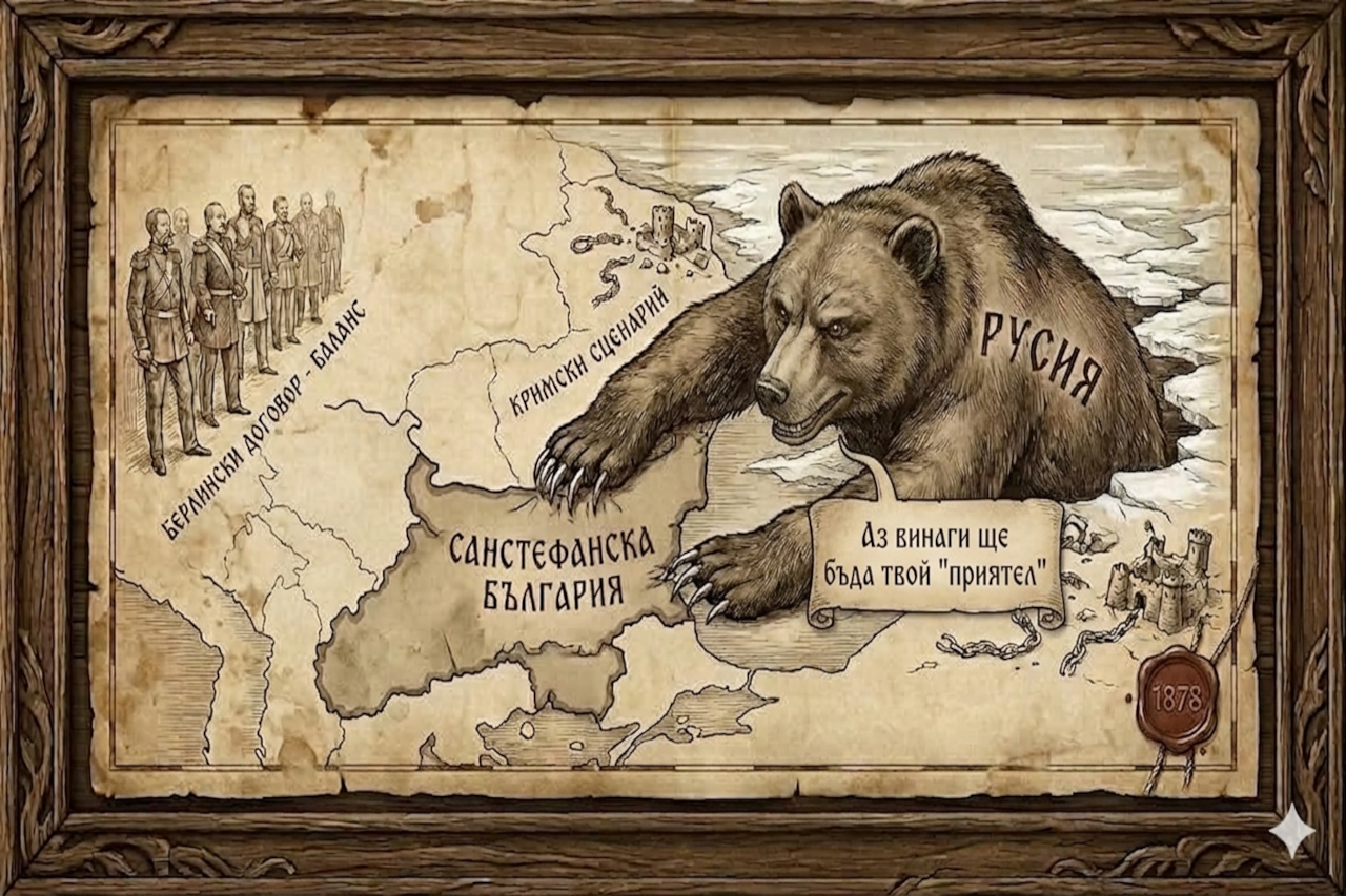 Изкривената история. Сан Стефано като предвестник на Кримския сценарий. Старинна карта на Балканския полуостров, върху която е нарисувана голяма кафява мечка с надпис „Русия“, протягаща лапи към „Санстефанска България“.