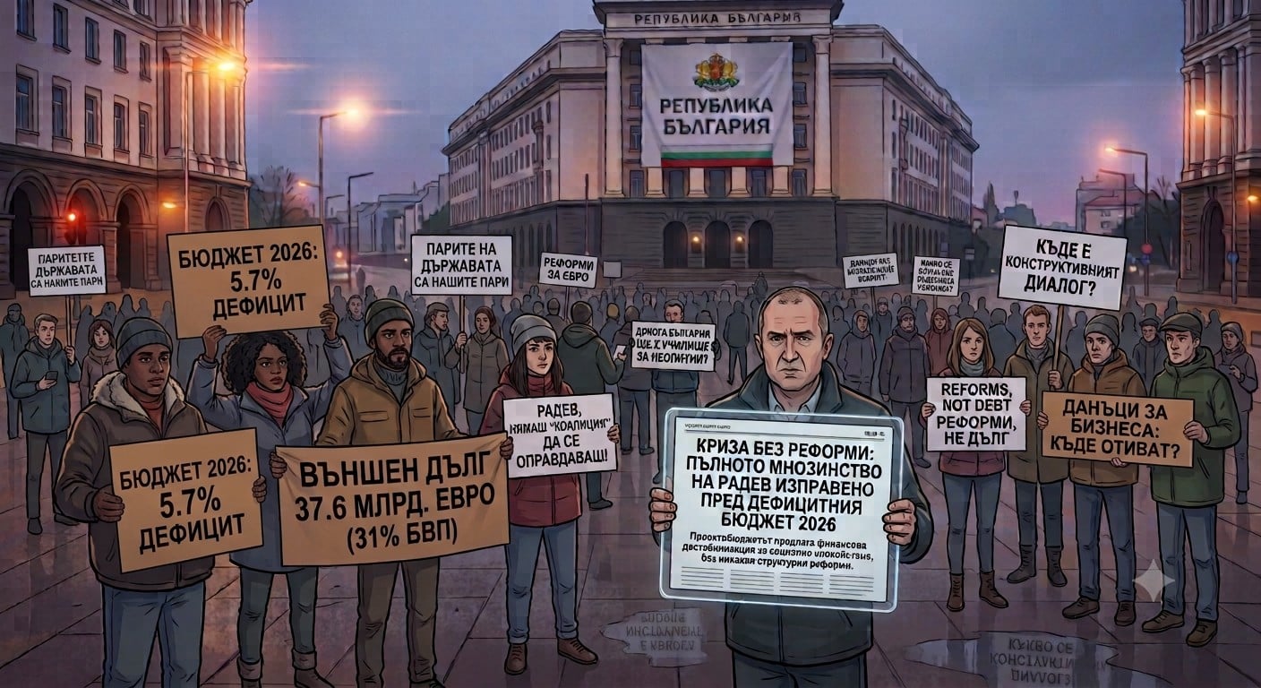 Колаж от протестиращи хора с транспаранти и графики, показващи икономически показатели и проценти на бюджетен дефицит.