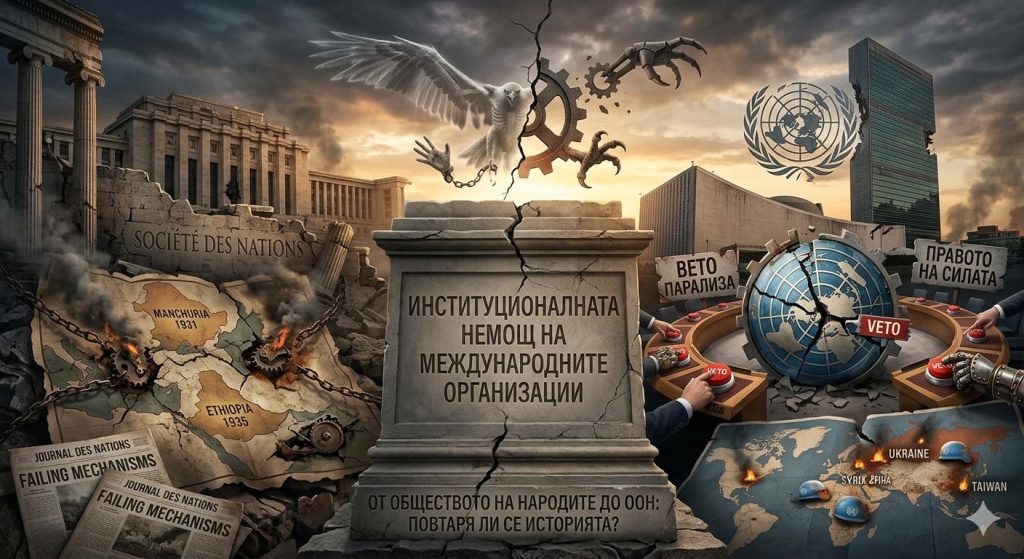 Колаж с рушаща се антична колона с надпис „Общество на народите“ на английски език, заобиколена от международни знамена и символи на глобална криза.