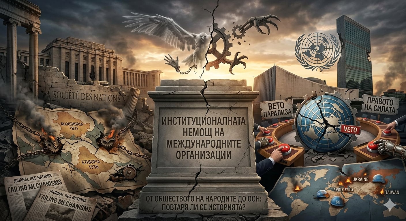 Колаж с рушаща се антична колона с надпис „Общество на народите“ на английски език, заобиколена от международни знамена и символи на глобална криза.