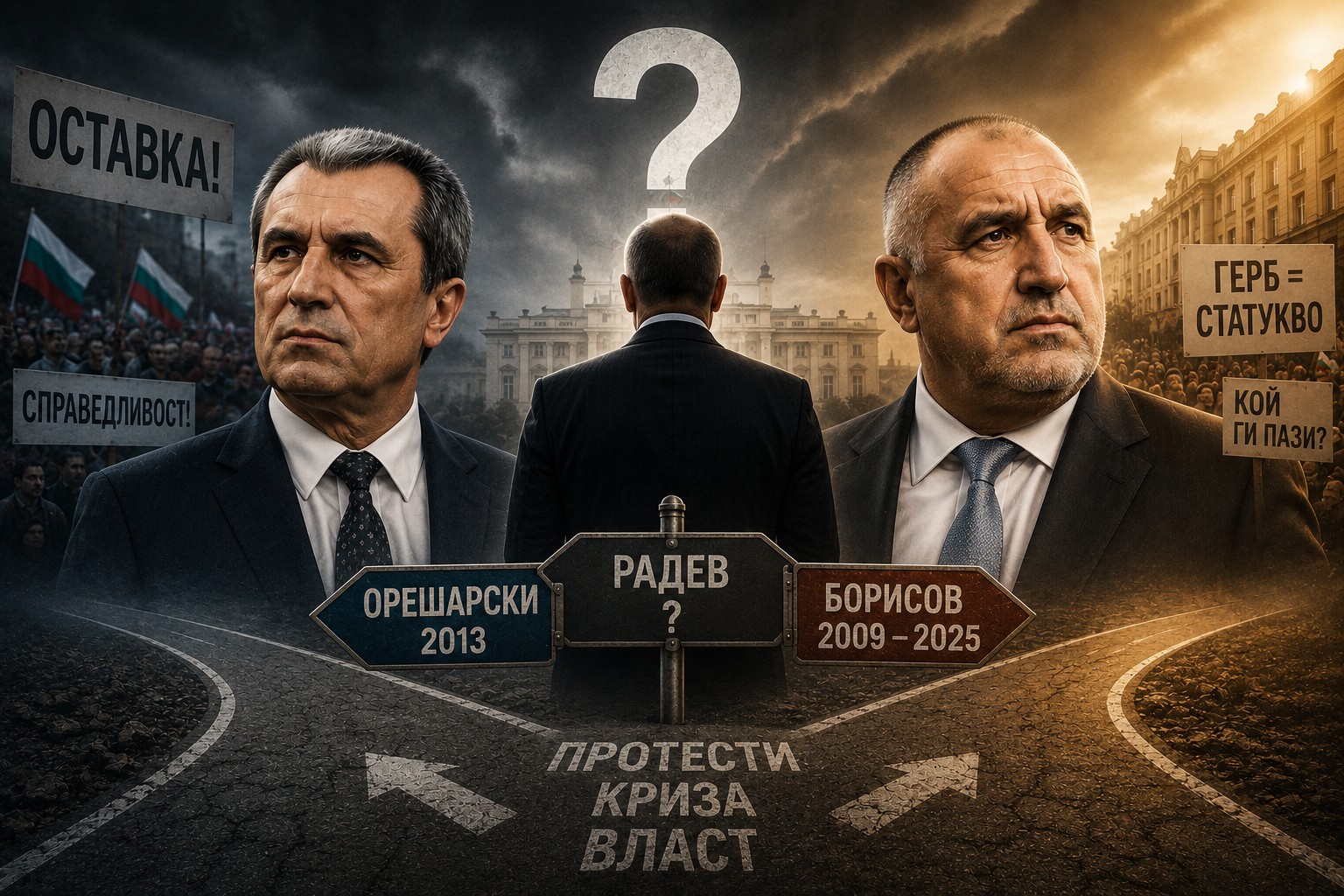 Колаж с портрети на Пламен Орешарски, Румен Радев и Бойко Борисов на фон от протести, дим и надписи „Протест“, „Криза“, „Власт“.
