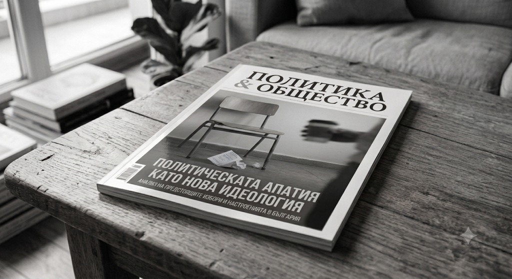 Книга с заглавие „Политическата апатия като нова идеология“, поставена върху разпръснати документи на бюро в празна стая.