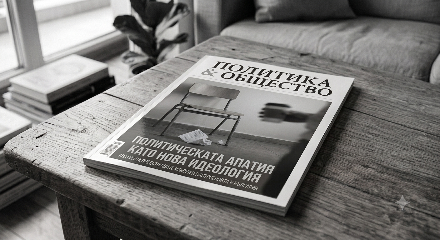 Книга с заглавие „Политическата апатия като нова идеология“, поставена върху разпръснати документи на бюро в празна стая.