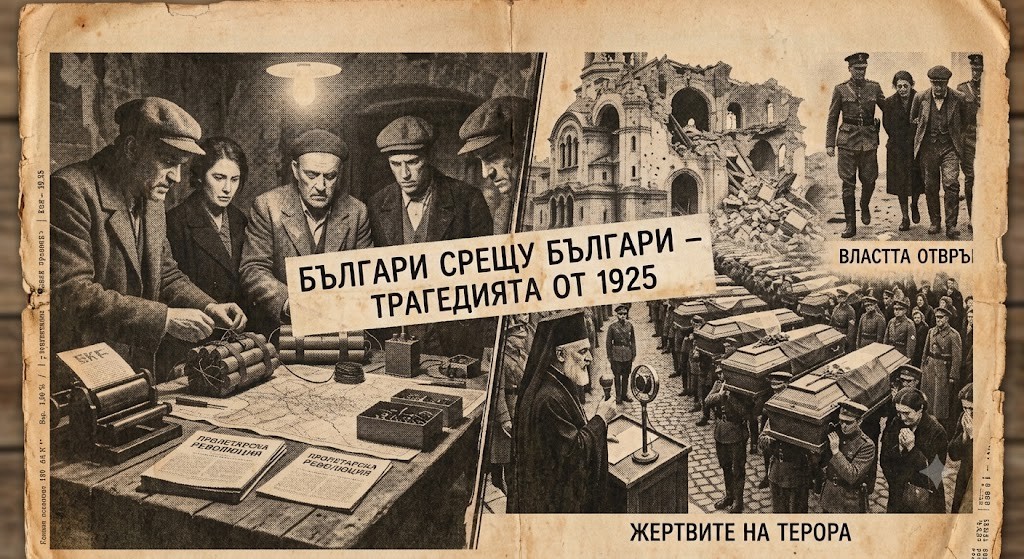 Белият терор – комунистически мит или историческа истина? Колаж от архивни черно-бели снимки от 1925 г., показващи войници, бесило и транспарант с надпис „Българи срещу българи – трагедията от 1925“.